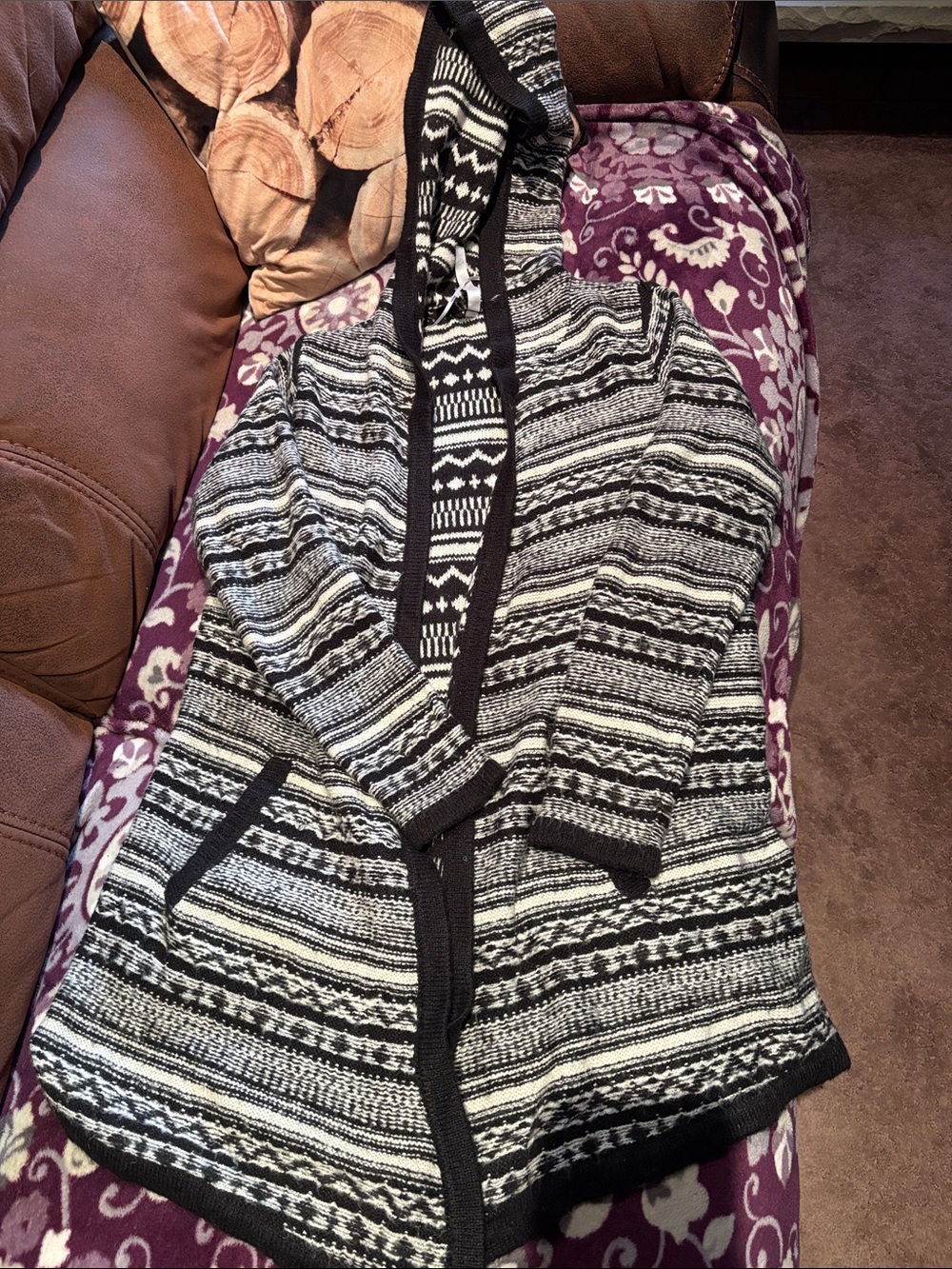 Kensie Black & White Hooded Knit Cardigan